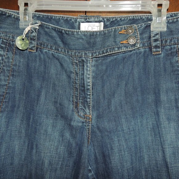 Ann Taylor LOFT - Button Tab, Cuffed Wide Leg Jeans in Saturated Rinse - Picture 3 of 7